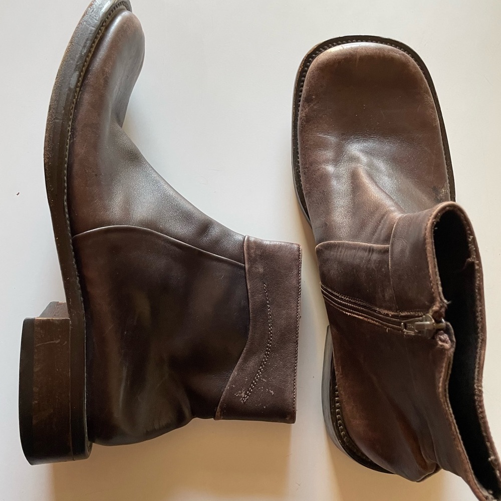Mens Italian leather boots square toe block heel ankle boots brown leather 10